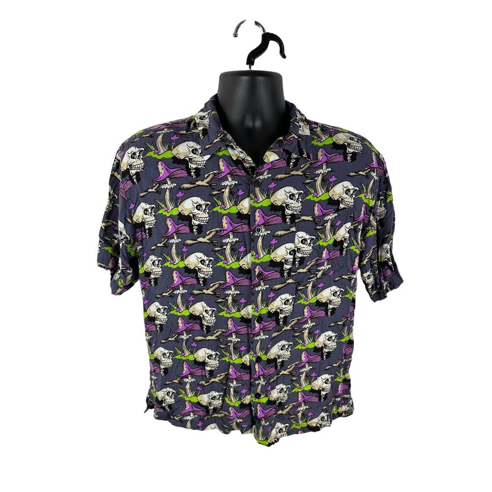 Delusions of Grandeur Skull Mushroom Logo Short Sleeve Button Up Grey Size M